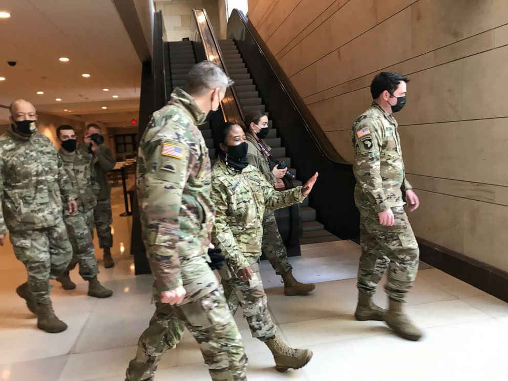 PHOTO: Gen. Dan Hokanson, chief of the National Guard Bureau, meets with guardsmen who secured the nation's capital during the inauguration on Saturday, Jan. 23, 2021.