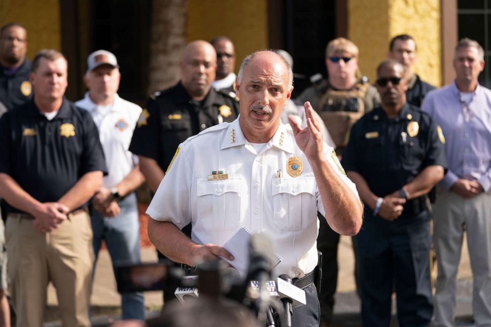 PHOTO: Columbia Police Chief Skip Holbrook speaks to members of the media near Columbiana Centre mall in Columbia, S.C., following a shooting, Saturday, April 16, 2022.