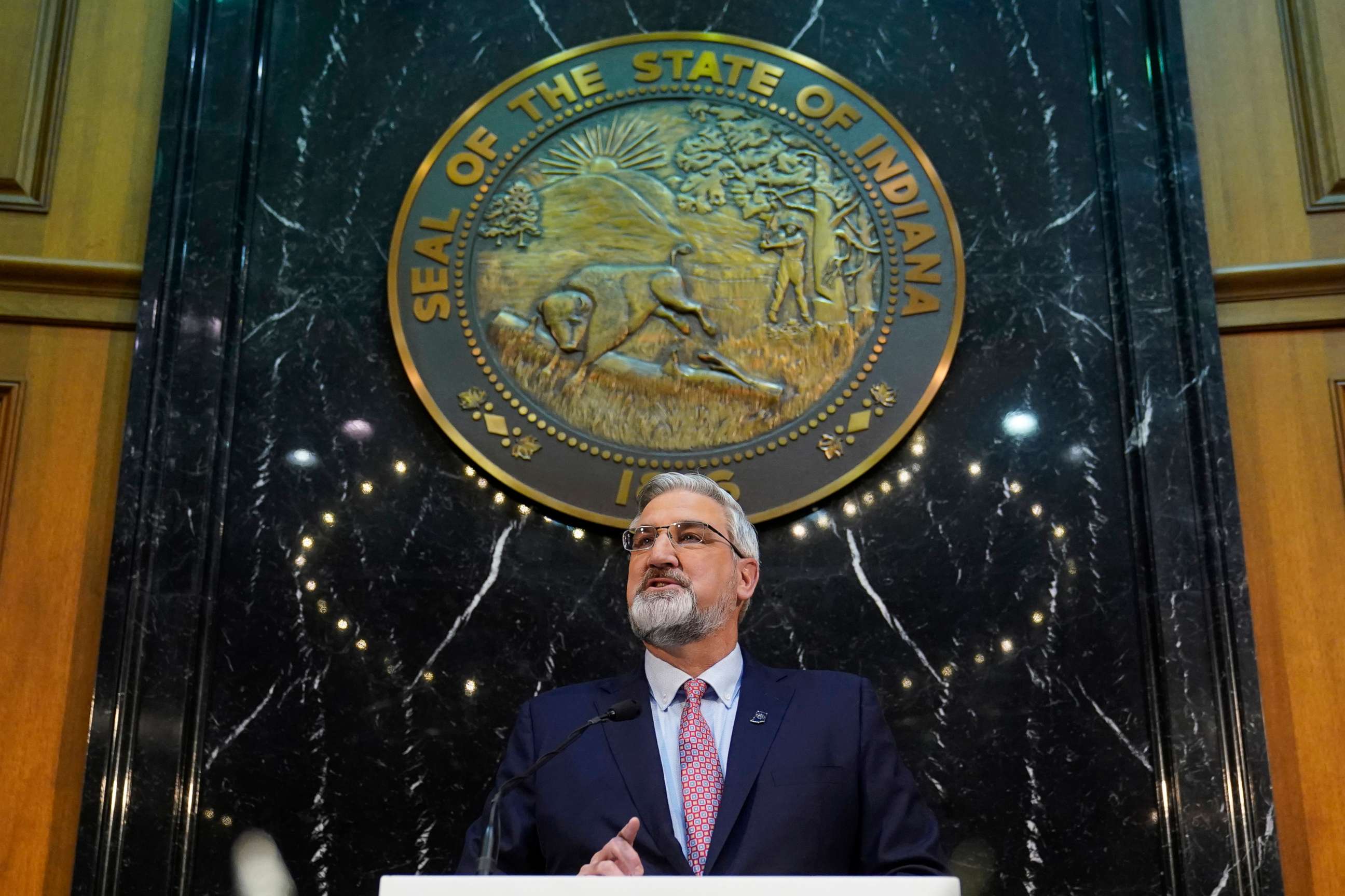 PHOTO: Gov. Eric Holcomb delivers his State of the State address to a joint session of the legislature at the Statehouse, Jan. 11, 2022, in Indianapolis.