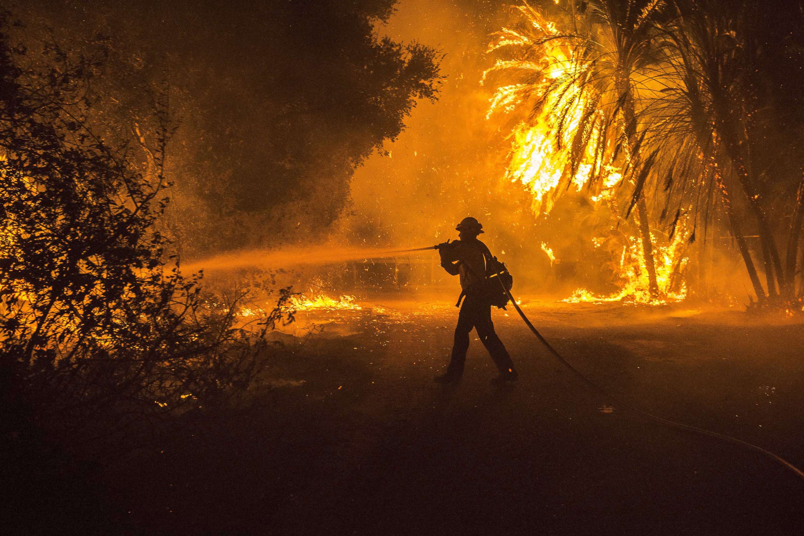 PHOTO: A firefighter fights the Holiday fire in Goleta, Calif., July 6, 2018.