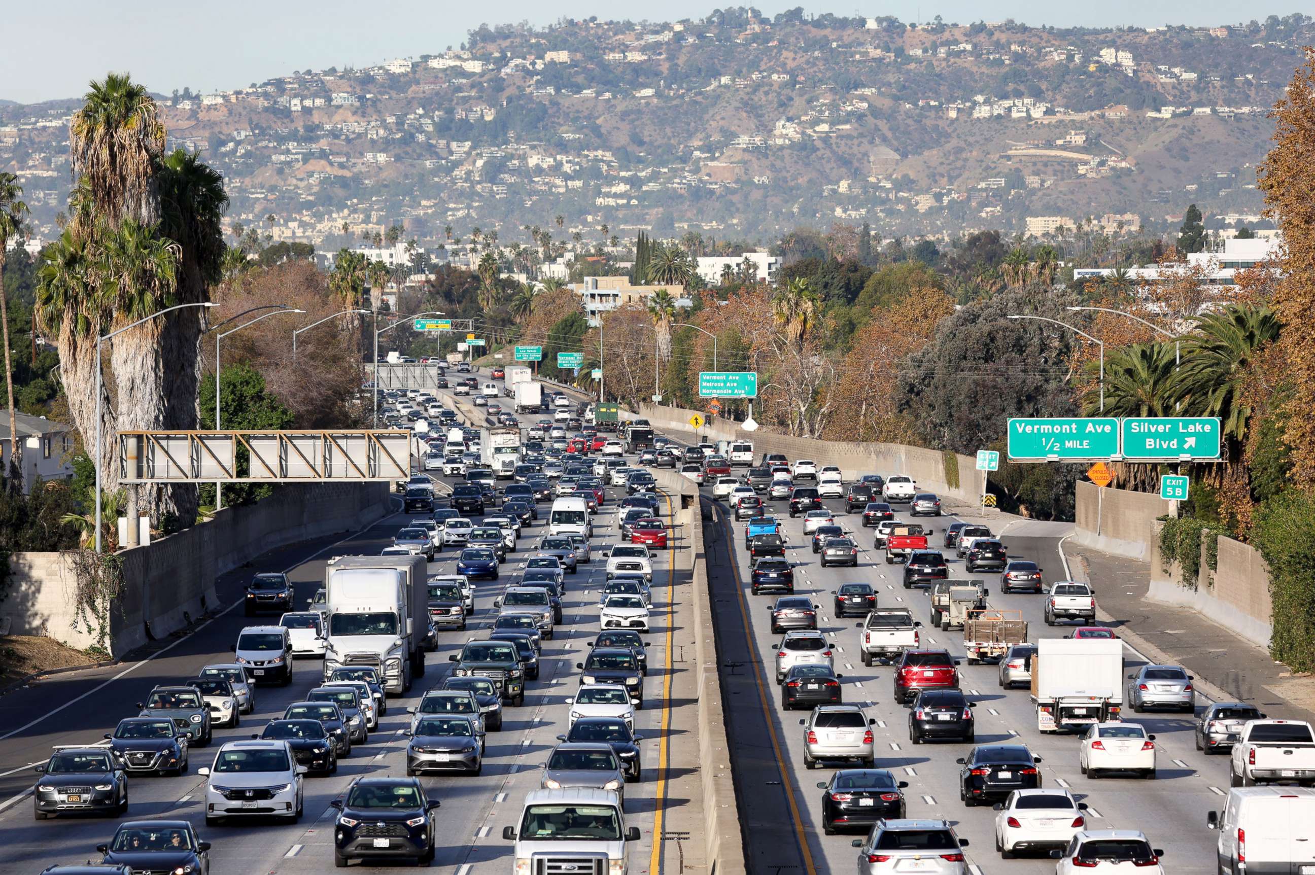 PHOTO: Heavy traffic moves along the 101 freeway, Nov. 23, 2022 in Los Angeles.