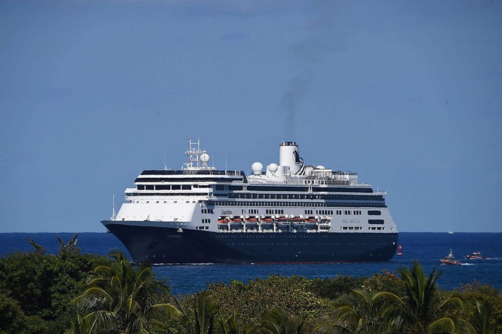 PHOTO: In this file photo taken on April 02, 2020, Holland America's cruise ship Zaandam arrives to Port Everglades in Fort Lauderdale, Fla.