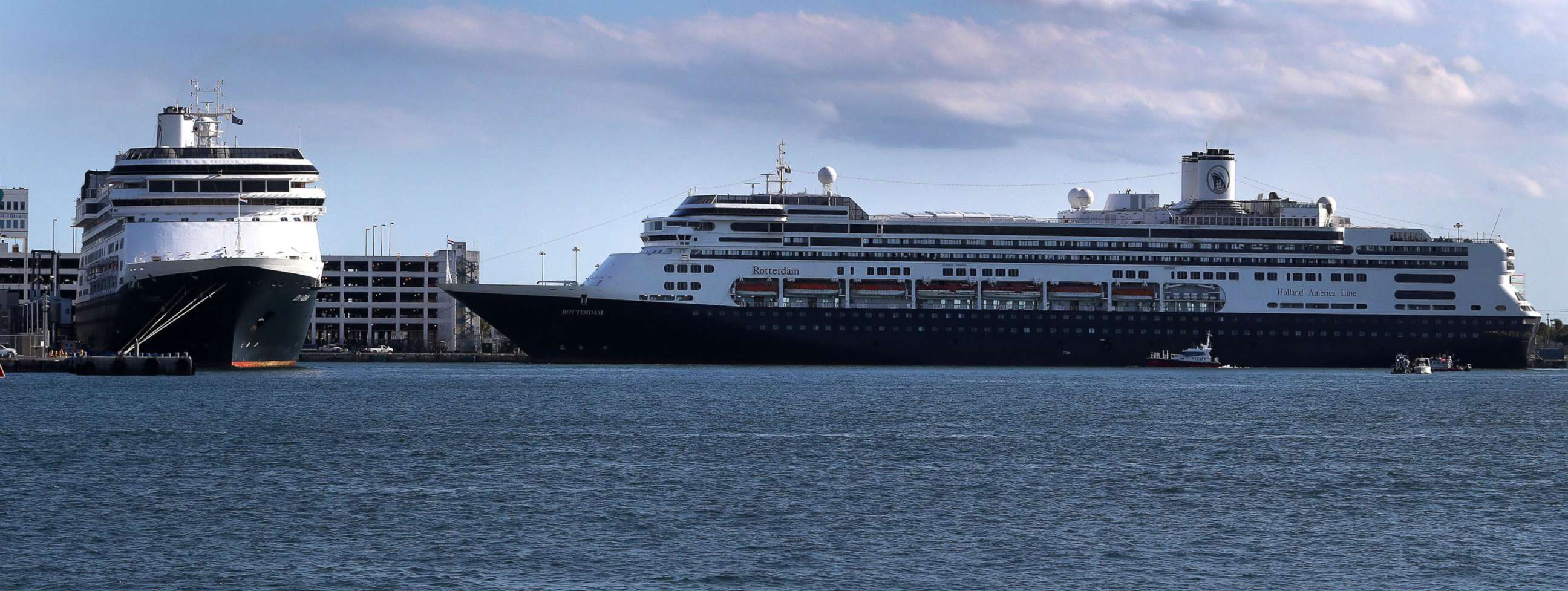 PHOTO: In this April 2, 2020, file photo, Holland America's Zaandam and the Rotterdam cruise ships pull into Port Everglades in Fort Lauderdale, Fla.