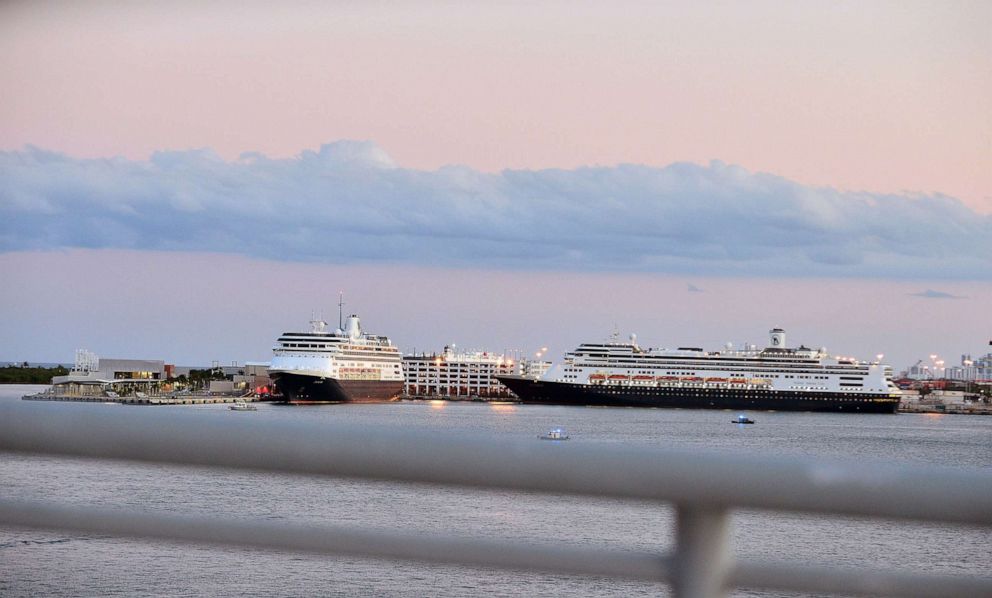 PHOTO: Zaandam and Rotterdam cruise ships arrive at Port Everglade in Fort Lauderdale, Fla., April 2, 2020.