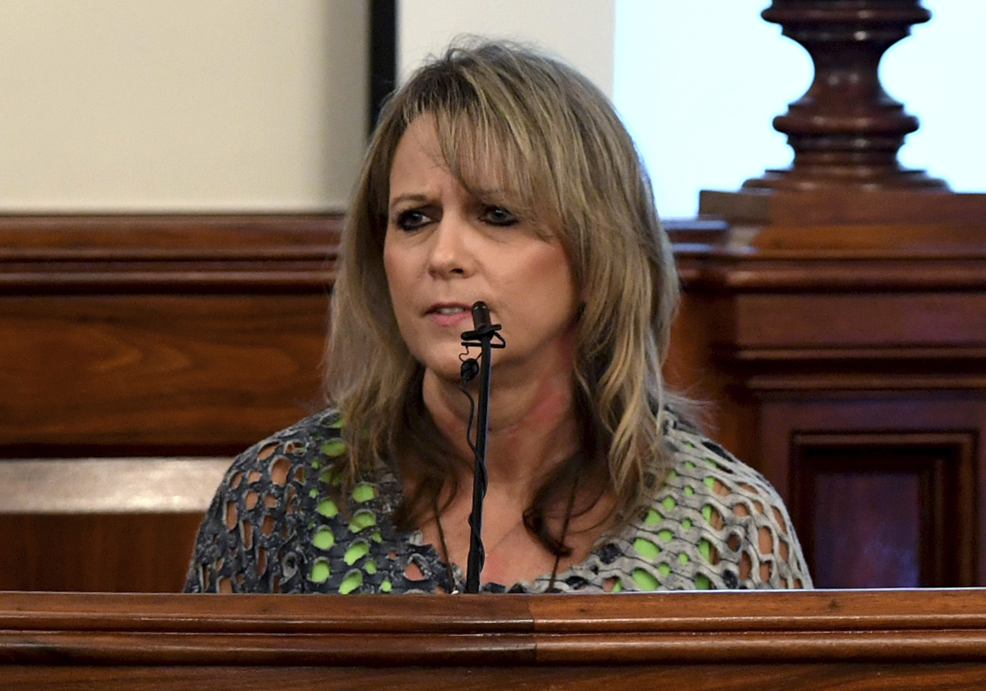 PHOTO: Karen Bobo speaks to Zach Adams during the victim impact statement during the penalty phase of the Holly Bobo murder trial, Sept. 23, 2017, in Savannah, Tenn. 