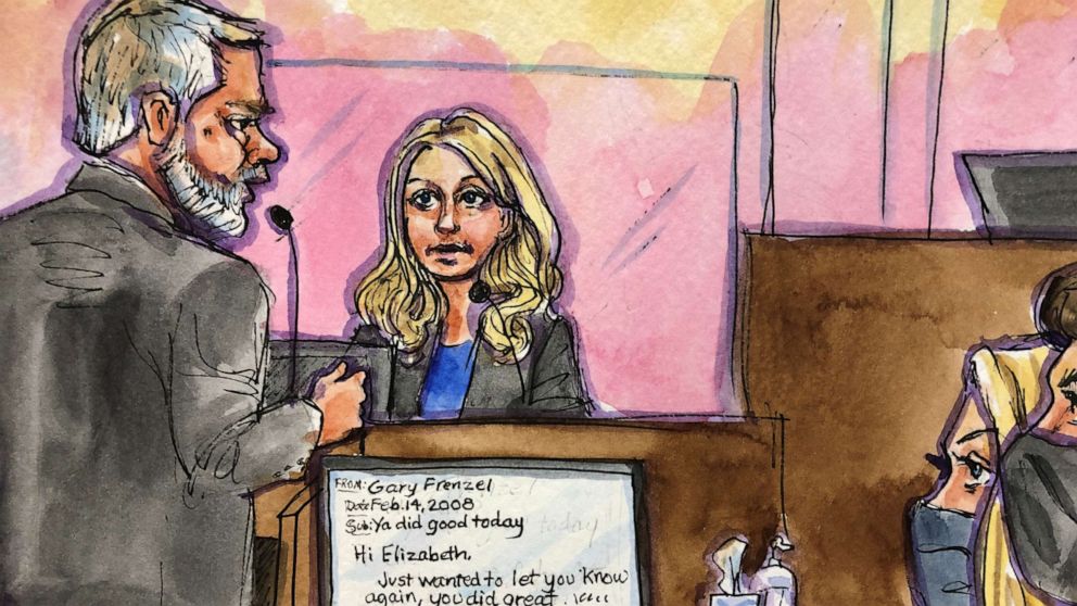 PHOTO: Theranos founder Elizabeth Holmes testifies during her fraud trial at federal court in San Jose, Calif., in this courtroom sketch Nov. 22, 2021.