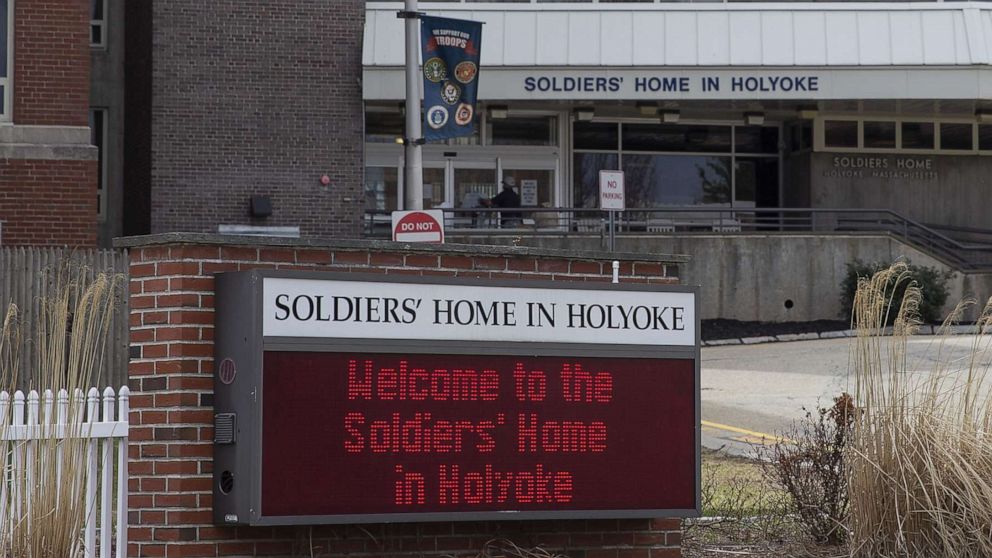 PHOTO: A welcome sign is seen outside the Soldier's Home in Holyoke, Mass., March 31, 2020.