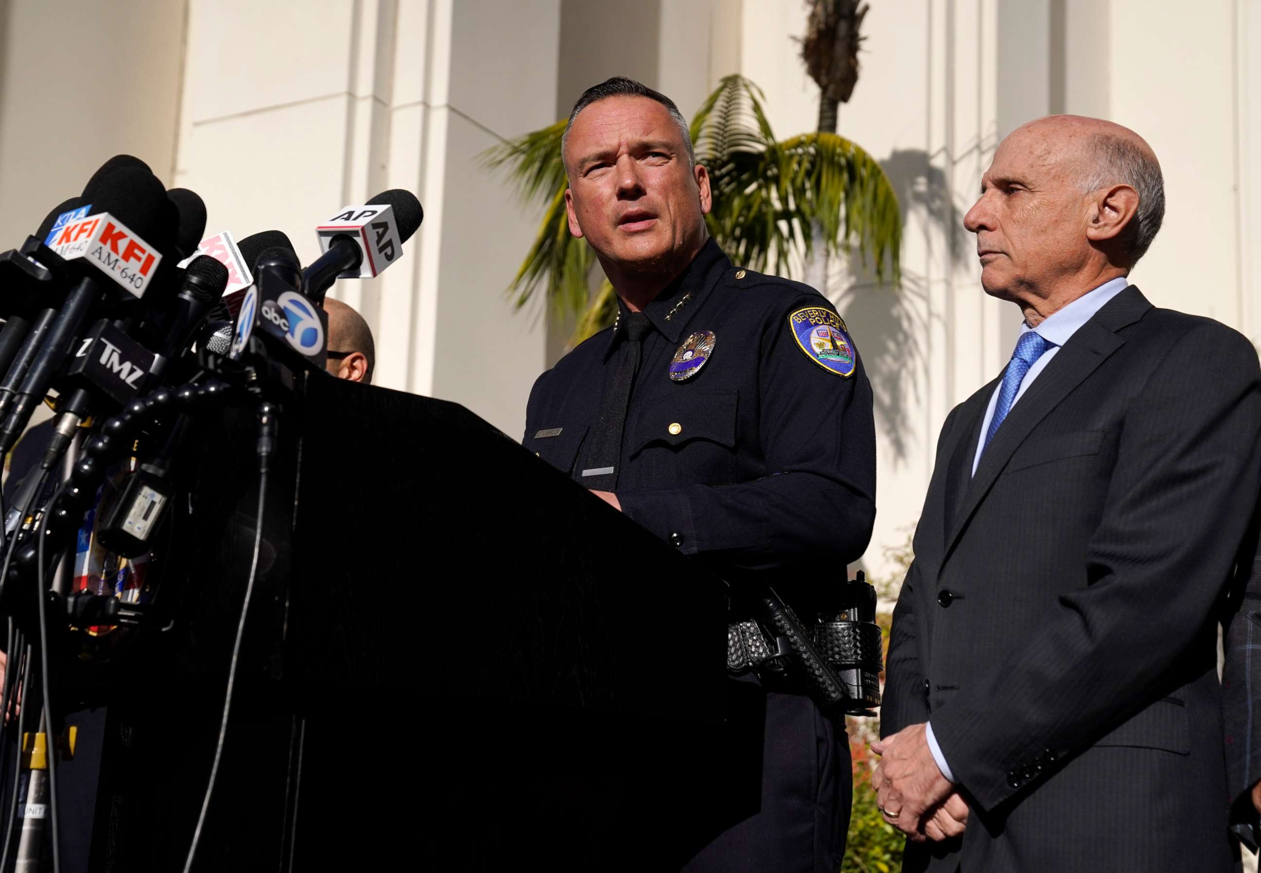 PHOTO: Beverly Hills Police Chief Mark G. Stainbrook, left, addresses the media as Mayor Robert Wunderlich looks on during a news conference, Dec. 1, 2021, in Beverly Hills, Calif.