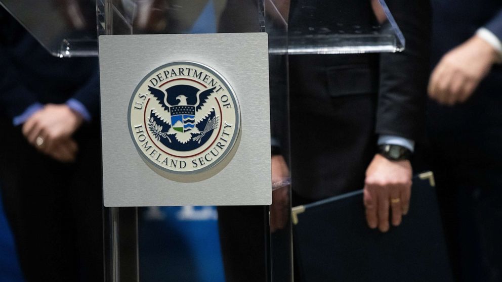 PHOTO: The U.S. Department of Homeland Security seal is seen as DHS Secretary Alejandro Mayorkas delivers remarks in Philadelphia, March 2, 2021.