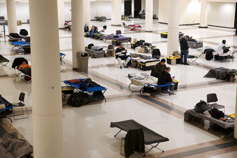 PHOTO: The Exhibition Hall at the Seattle Center has been turned into a temporary men's shelter, April 6, 2020, in Seattle.
