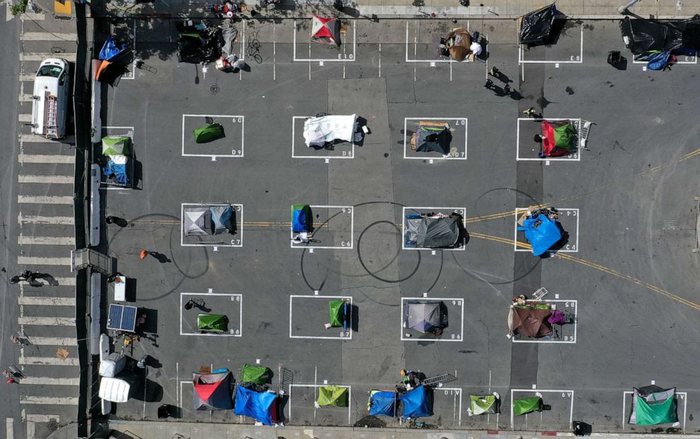 PHOTO: An aerial view of San Francisco's first temporary sanctioned tent encampment for the homeless on May 18, 2020, in San Francisco. 