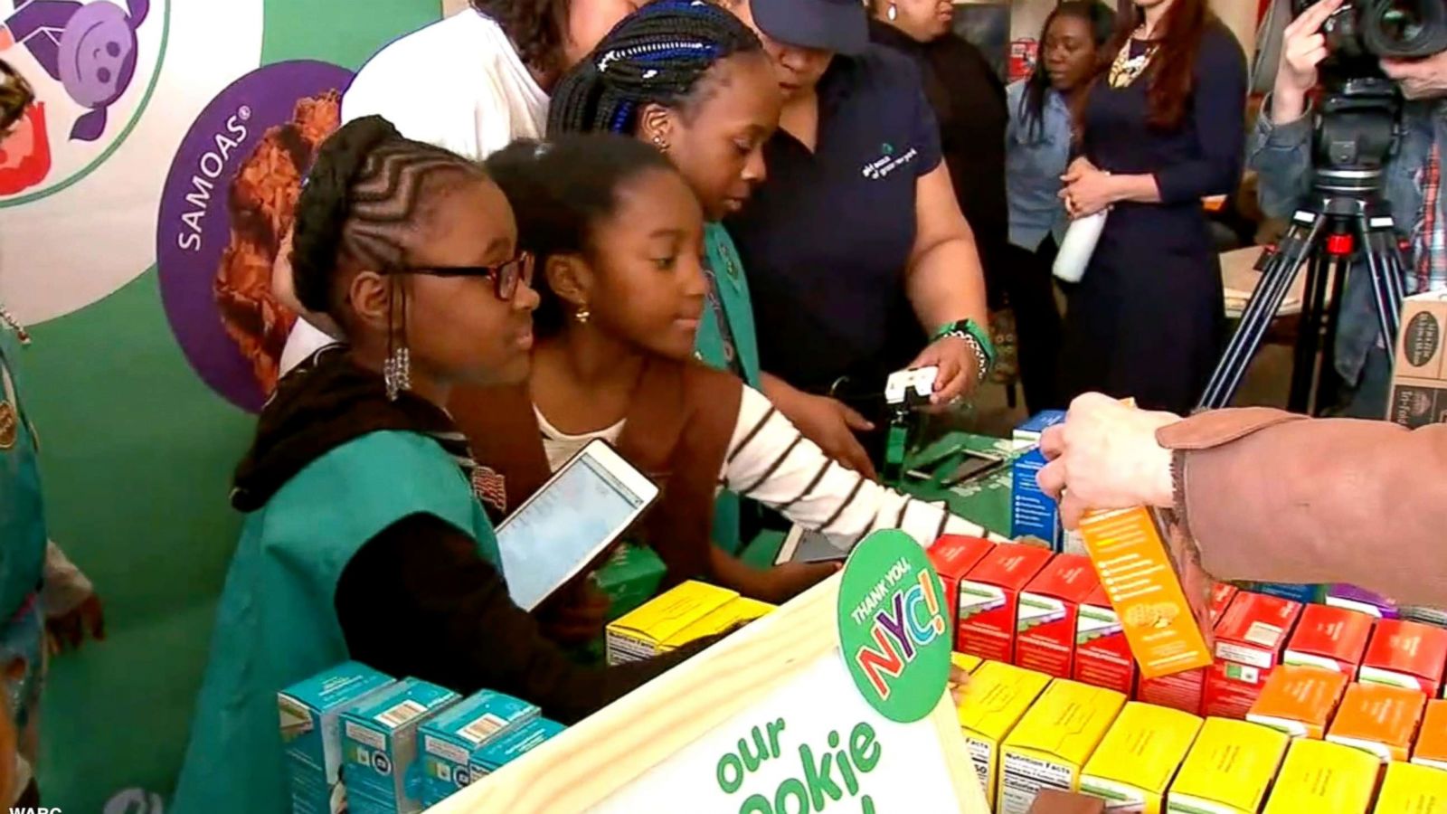 PHOTO: Members of Girl Scout Troop 6000, New York's first homeless shelter-based troop, hold their first cookie sale in Union Square, Manhattan in April 2018.