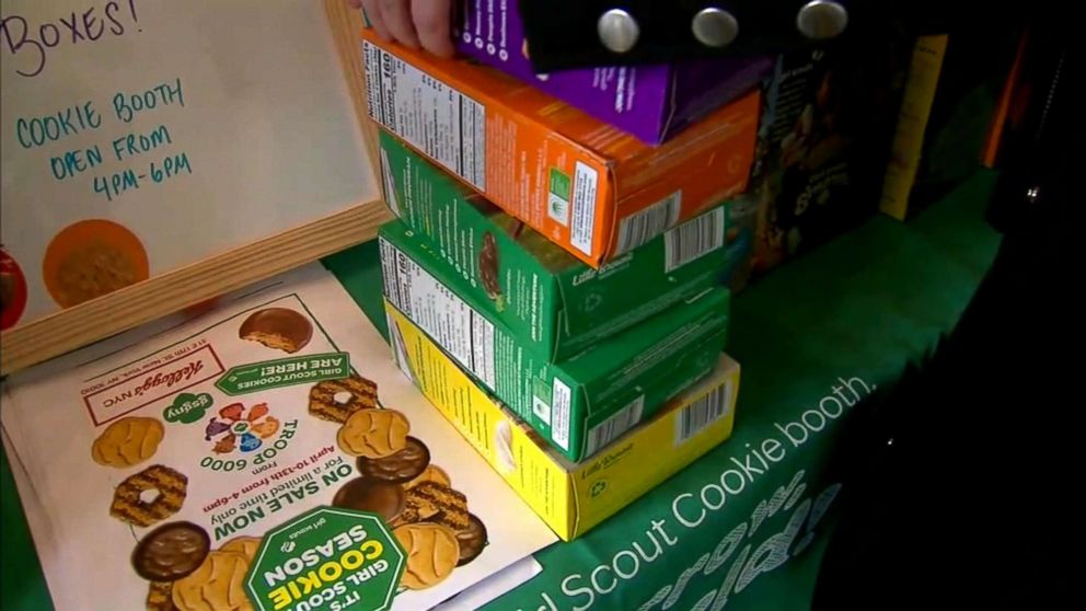 PHOTO: Boxes of Girl Scout cookies are stacked at the Troop 6000 cookie sale in New York's Union Square in April 2018. 