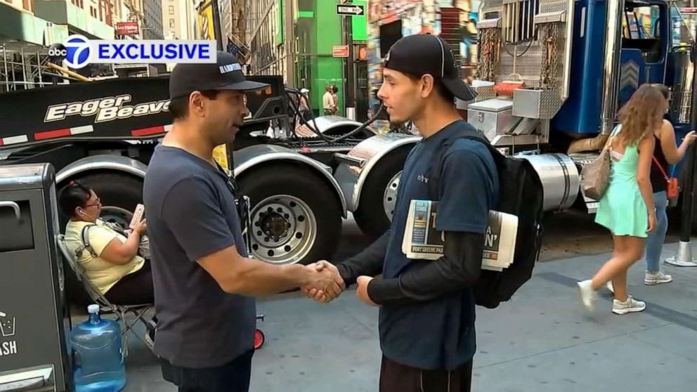 PHOTO: Joe Arroyo, a homeless man, meets with Andrew Zurica. Zurica saw a WABC-TV piece about Arroyo receiving shoes and socks from a stranger and wanted to meet him and offer him a job.