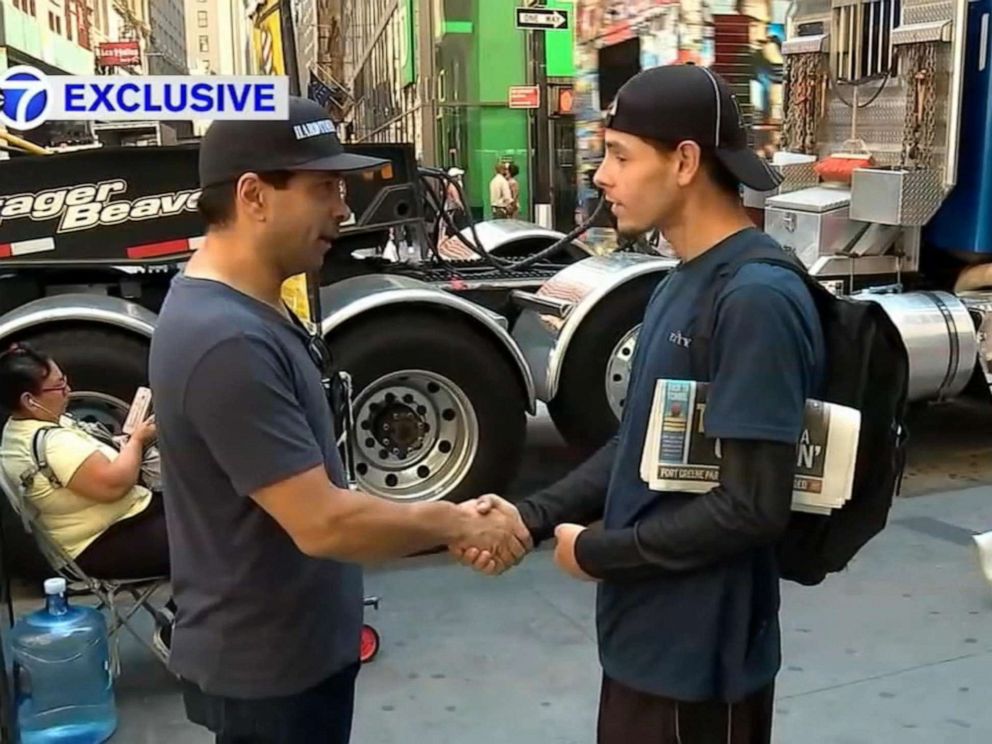 PHOTO: Joe Arroyo, a homeless man, meets with Andrew Zurica. Zurica saw a WABC-TV piece about Arroyo receiving shoes and socks from a stranger and wanted to meet him and offer him a job.