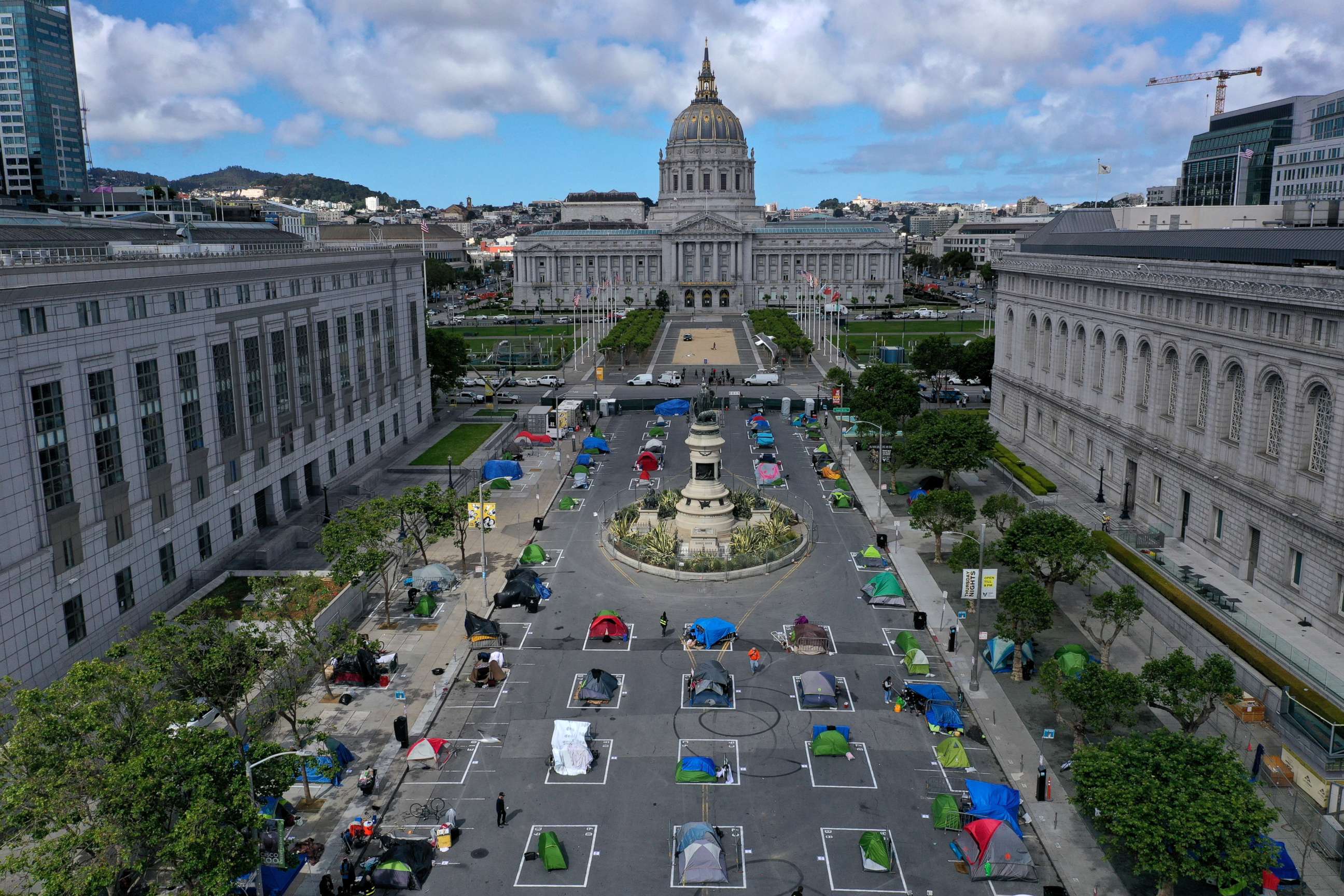 PHOTO: An aerial view of San Francisco's first temporary sanctioned tent encampment for the homeless on May 18, 2020 in San Francisco.