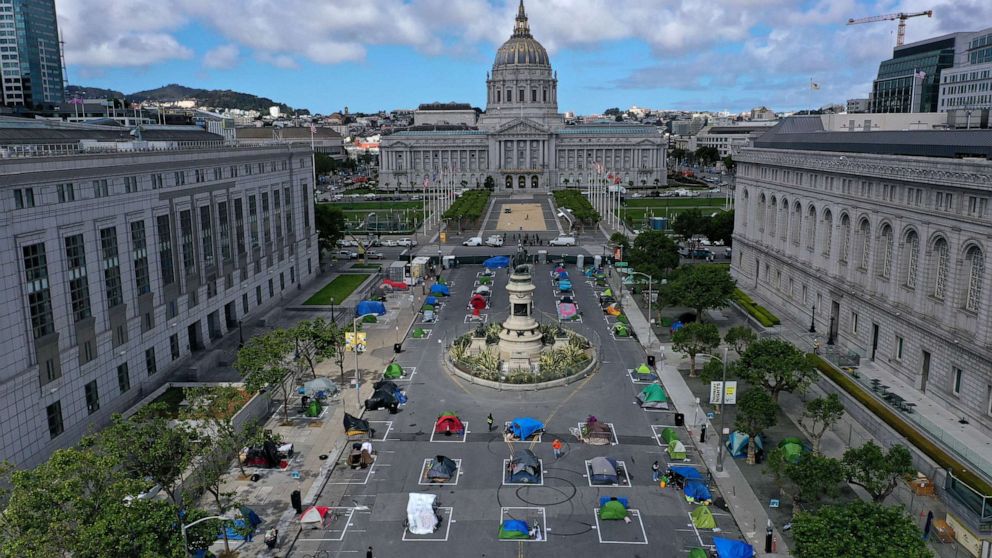PHOTO: An aerial view of San Francisco's first temporary sanctioned tent encampment for the homeless on May 18, 2020 in San Francisco.
