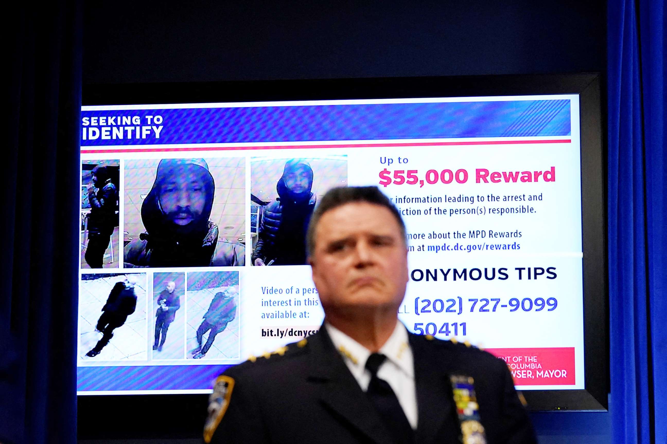 PHOTO: Photos of a person of interest in recent shootings of homeless people in both New York and Washington, later identified as Gerald Brevard, are seen on a screen during a news conference in Washington, March 14, 2022.