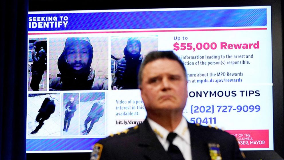 PHOTO: Photos of a person of interest in recent shootings of homeless people in both New York and Washington, later identified as Gerald Brevard, are seen on a screen during a news conference in Washington, March 14, 2022.