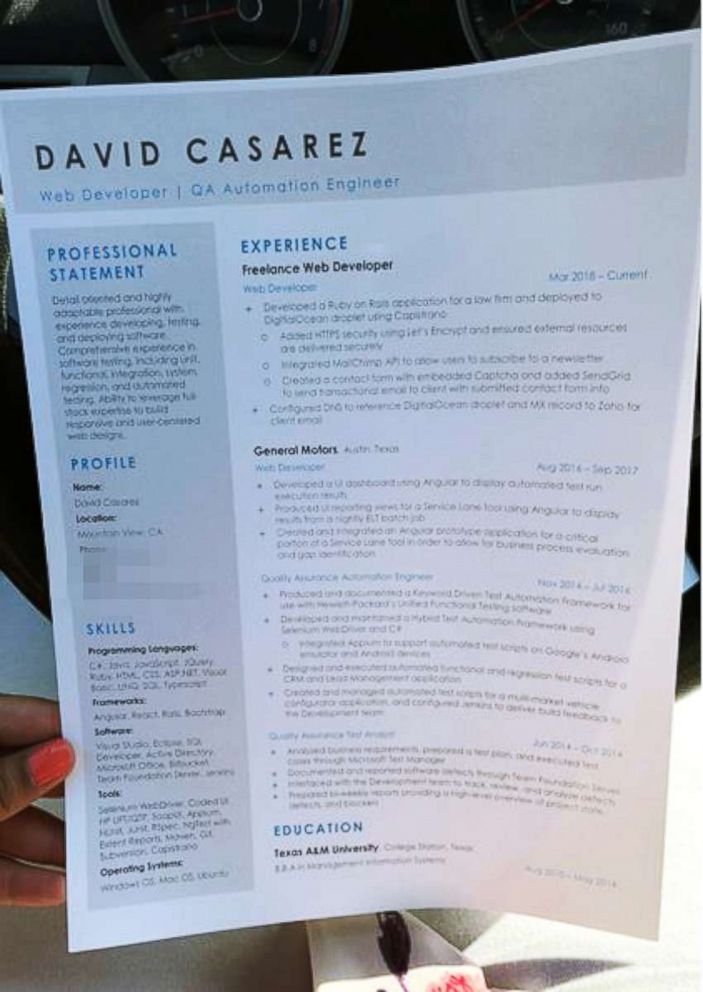 PHOTO: David Casarez handed out resumes on a street corner in Mountain View, California looking for a job opportunity.