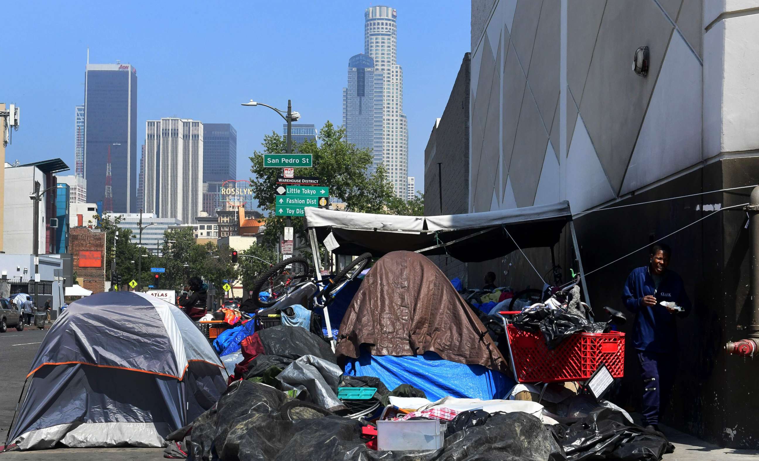 PHOTO: Belongings of the homeless crowd a downtown Los Angeles sidewalk, May 30, 2019. 