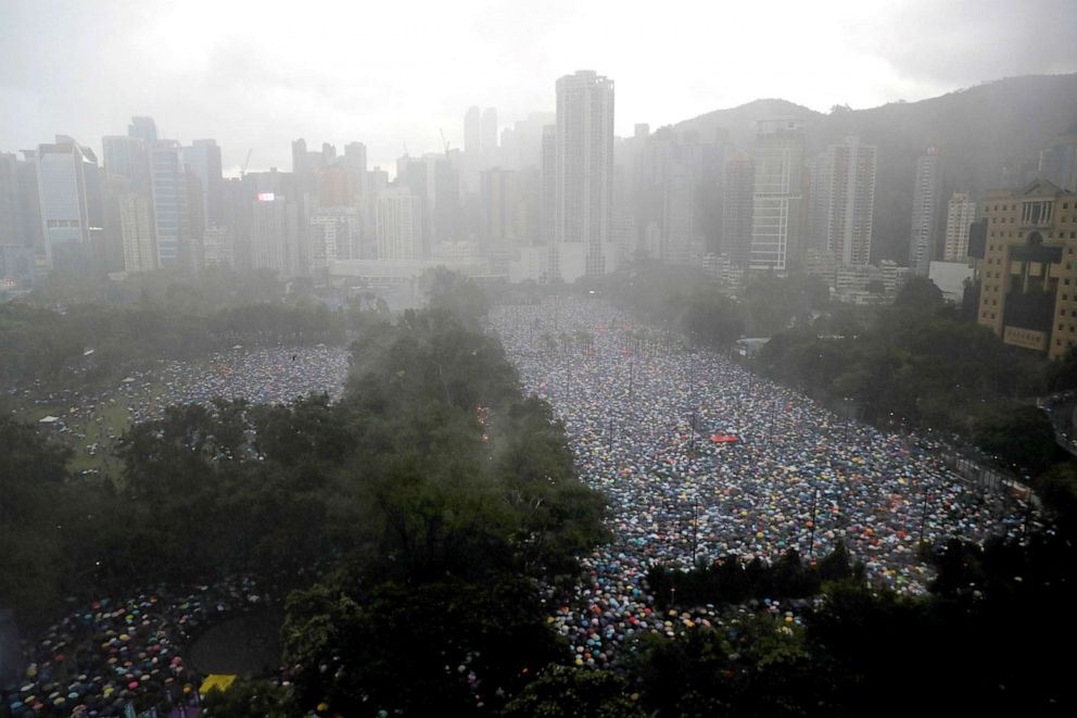 PHOTO: Demonstrators gather at Victoria Park in Hong Kong, Aug. 18, 2019. 