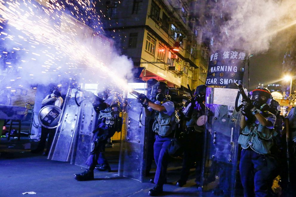 PHOTO: Police fire tear gas at anti-extradition bill protesters during clashes in Sham Shui Po in Hong Kong, China, August 14, 2019.