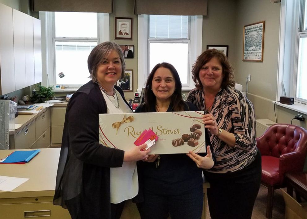 PHOTO: In honor of Las Vegas victim Jenny Parks, Tommy Maher gave chocolates and gift cards to Kathleen, Ivanna and Lois at the Rockville Village Hall Mayors office, during his 9500-mile journey.