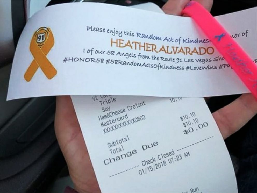 PHOTO: Tommy Maher made his 9th random act of kindness along his 9500-mile journey honoring Las Vegas victims by buying breakfast for the car behind him in honor of Heather Alvarado.