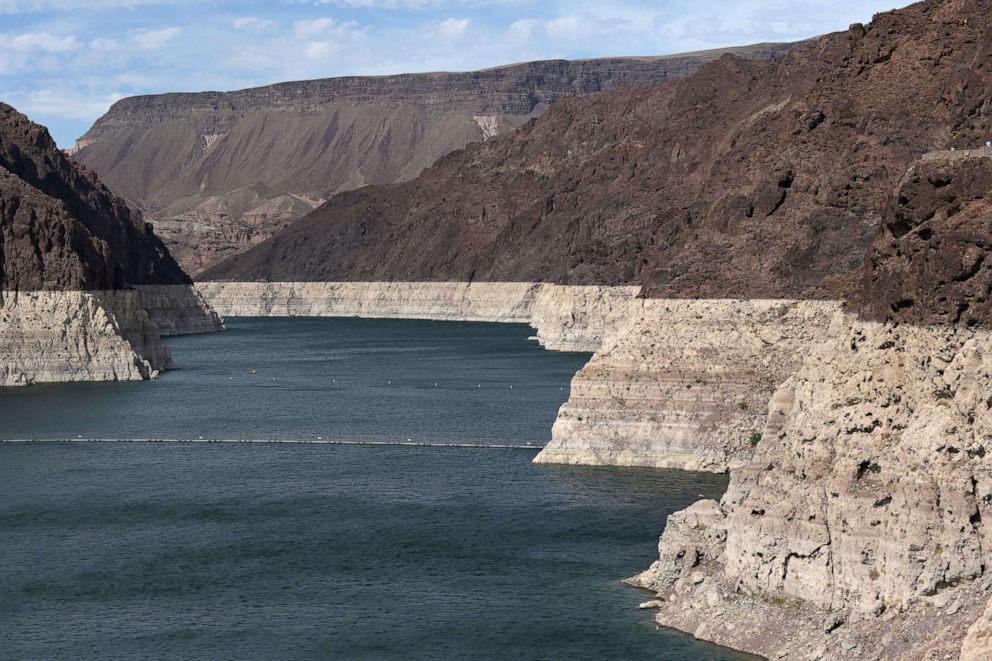 PHOTO: Low water levels due to drought are seen in the Hoover Dam reservoir of Lake Mead near Las Vegas, June 9, 2021.