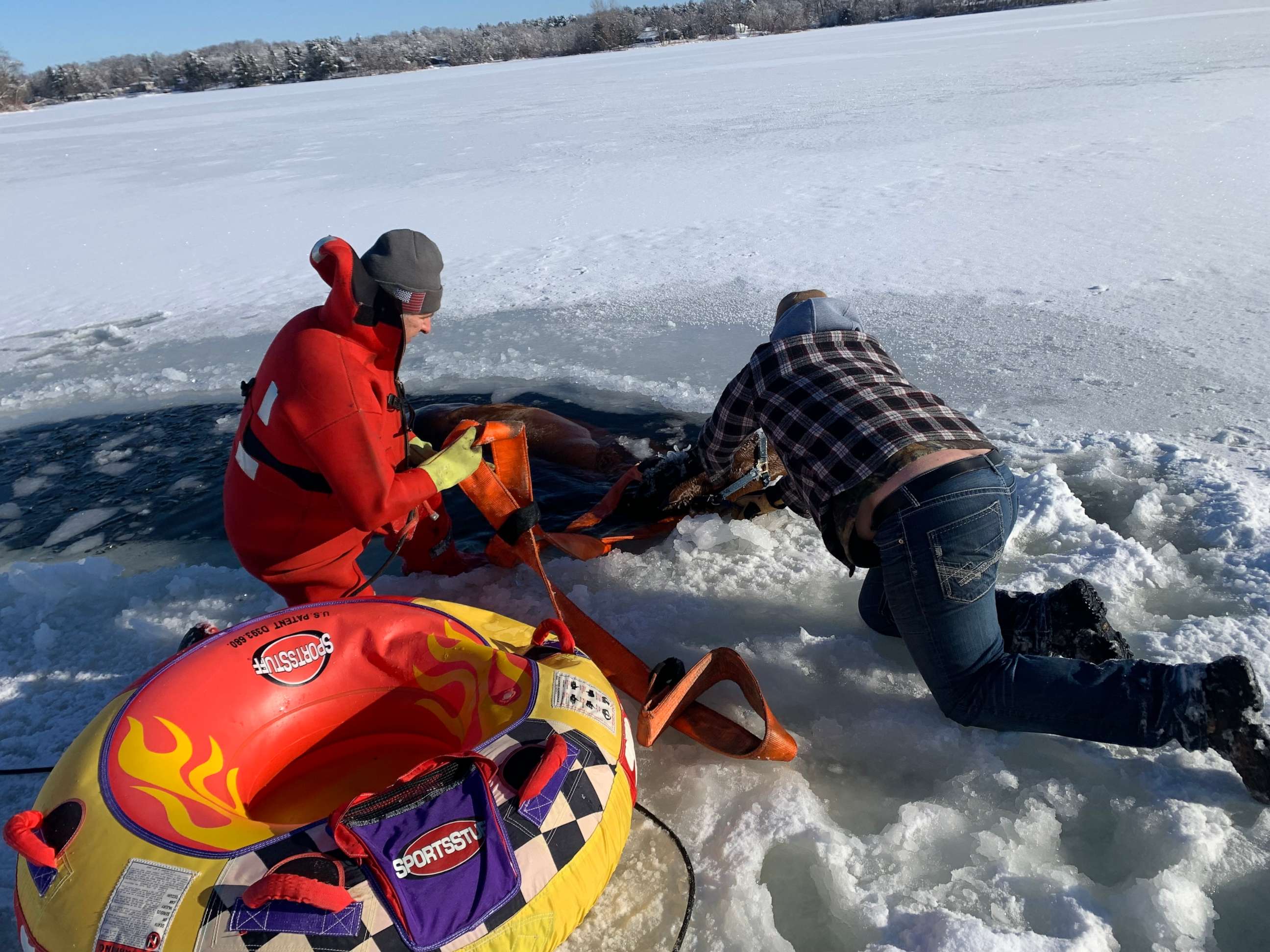 PHOTO: A group of Good Samaritans worked for hours to get a runaway horse out of icy water in a Wisconsin lake on Dec. 18, 2022.