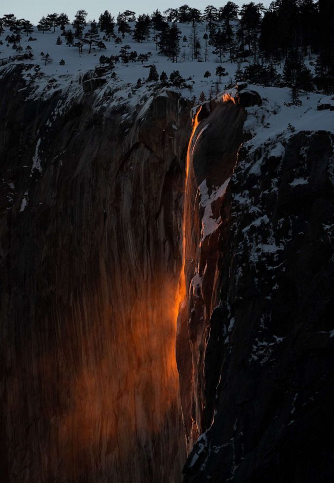 PHOTO: Late afternoon sun shining on Horsetail Fall at Yosemite National Park in California on Feb. 21, 2019, shows the "firefall" phenomenon.