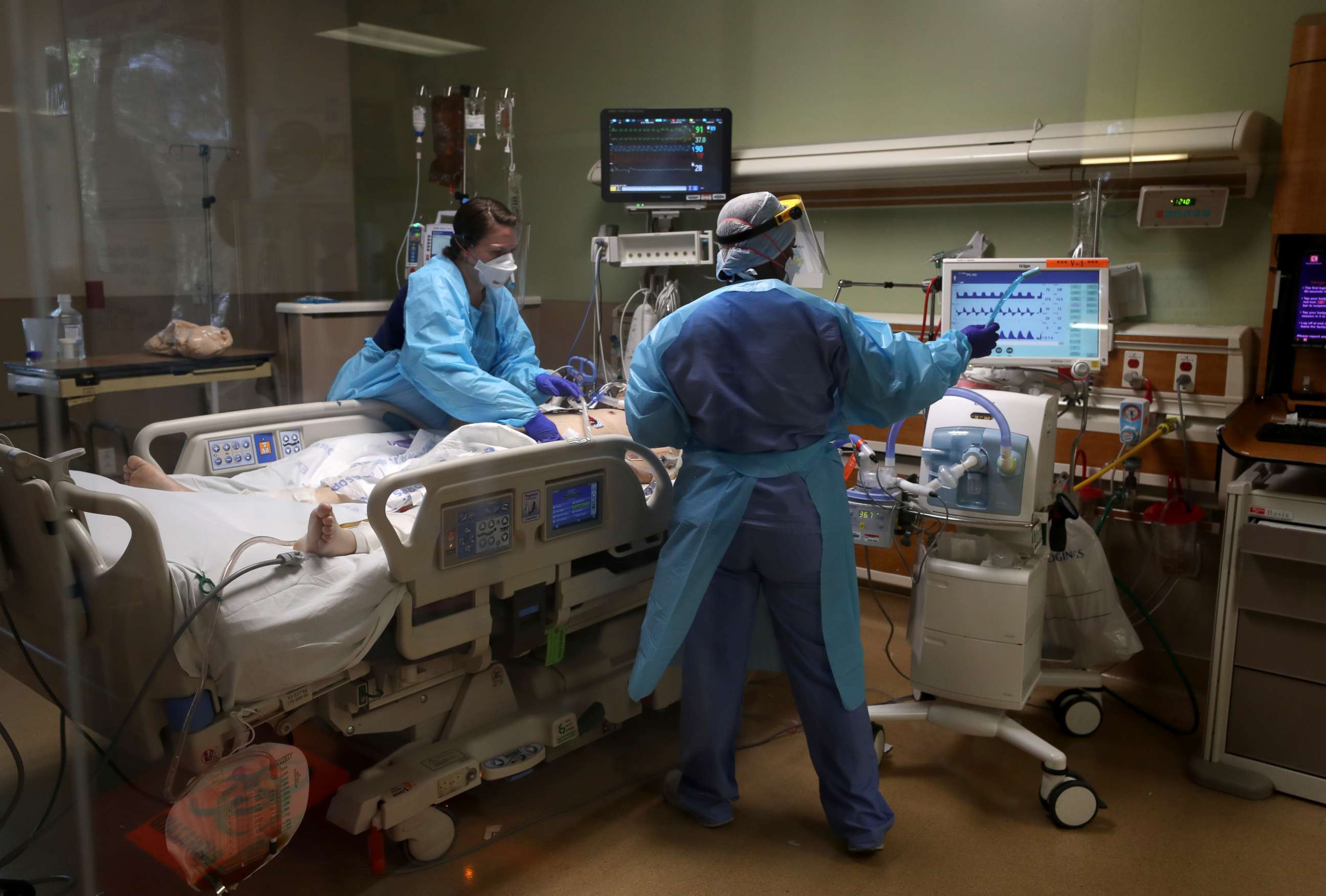 PHOTO: Nurses care for a coronavirus COVID-19 patient in the intensive care unit (I.C.U.) at Regional Medical Center on May 21, 2020 in San Jose, California.