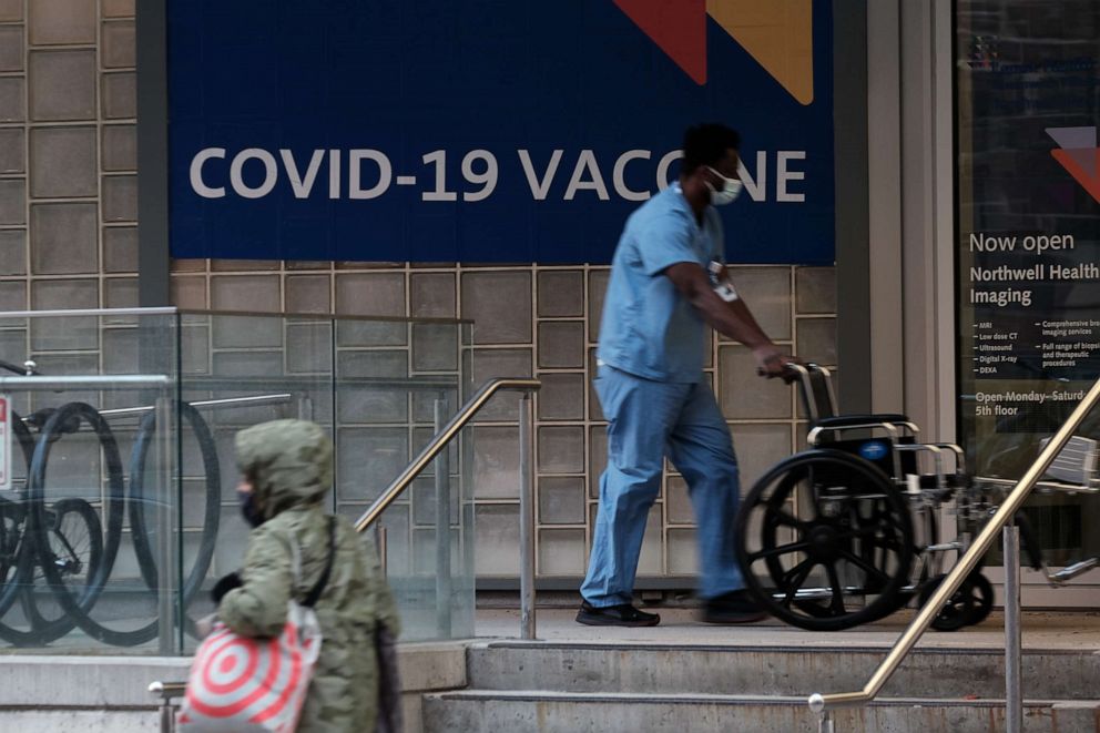 PHOTO: A sign outside of a hospital advertises the COVID-19 vaccine on Nov. 19, 2021, in New York.