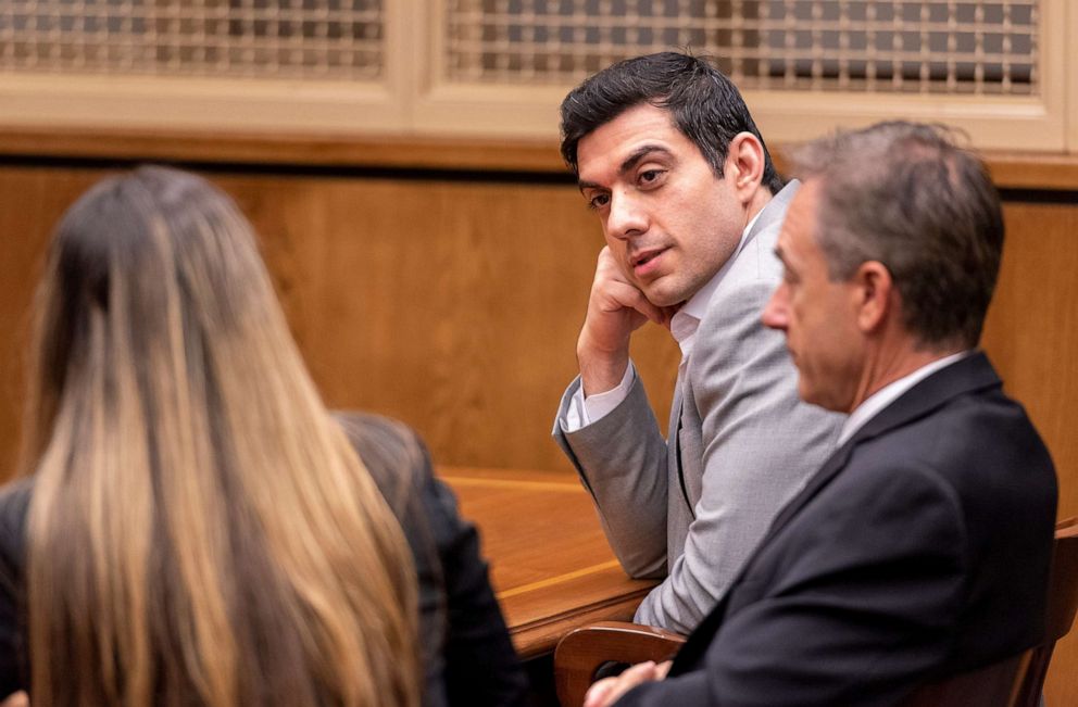 PHOTO: Defendant Hossein Nayeri and his attorneys Sal Ciulla and Martina Teinert talk before the verdict reading during Nayeri's trial in Newport Beach, Calif. on Aug. 16, 2019.