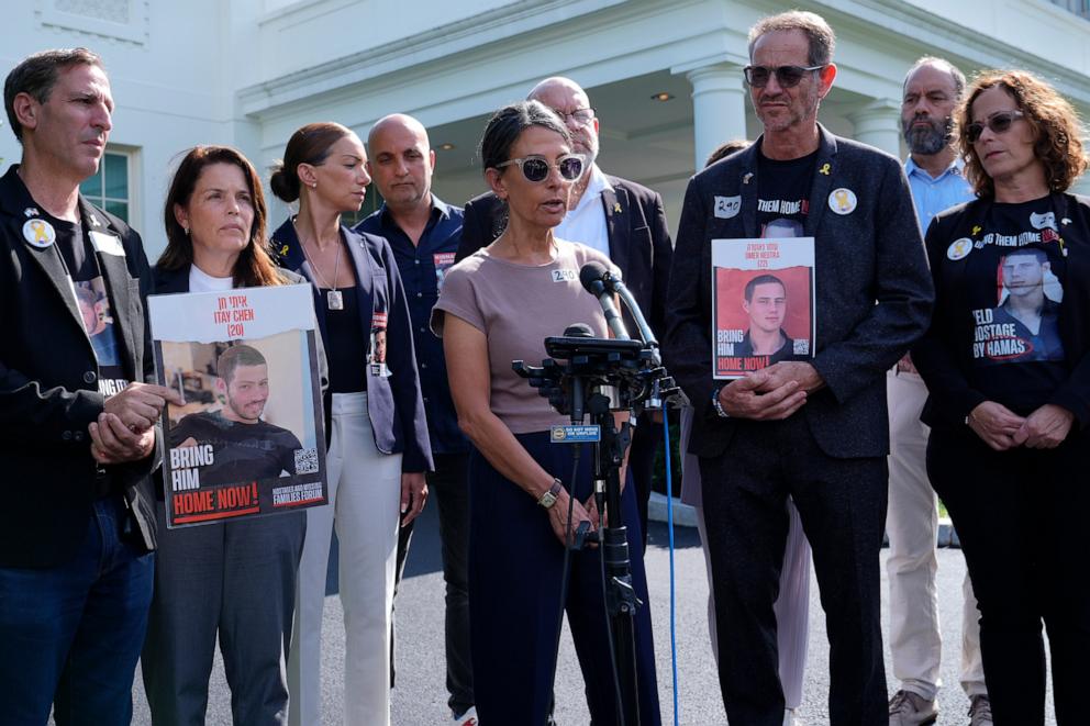 PHOTO: Rachel Goldberg-Polin, center, the mother of American-Israeli hostage Hersh Goldberg-Polin, speaks with reporters following a meeting with White House national security adviser Jake Sullivan at the White House in Washington, July 22, 2024. 