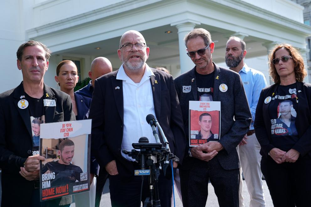 PHOTO: Jonathan Dekel-Chen, center, father of American hostage Sagui Dekel-Chen, along with other families of hostages in Gaza, speaks with reporters following their meeting with Jake Sullivan at the White House in Washington, July 22, 2024. 