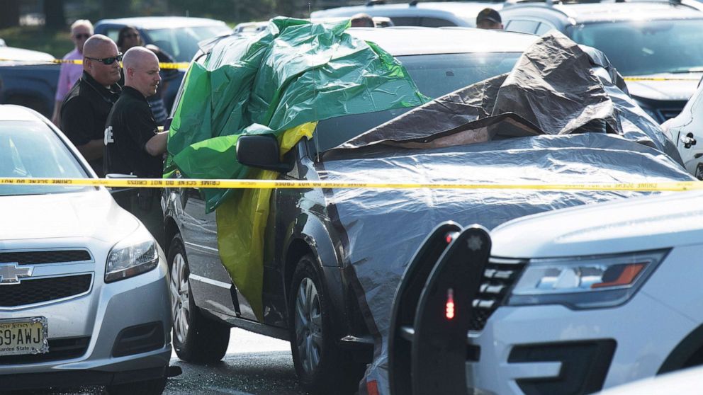 PHOTO: Authorities investigate the the death of a child found inside a vehicle in the parking lot of the PATCO Lindenwold Station, in Lindenwold, N.J., Aug. 16, 2019.
