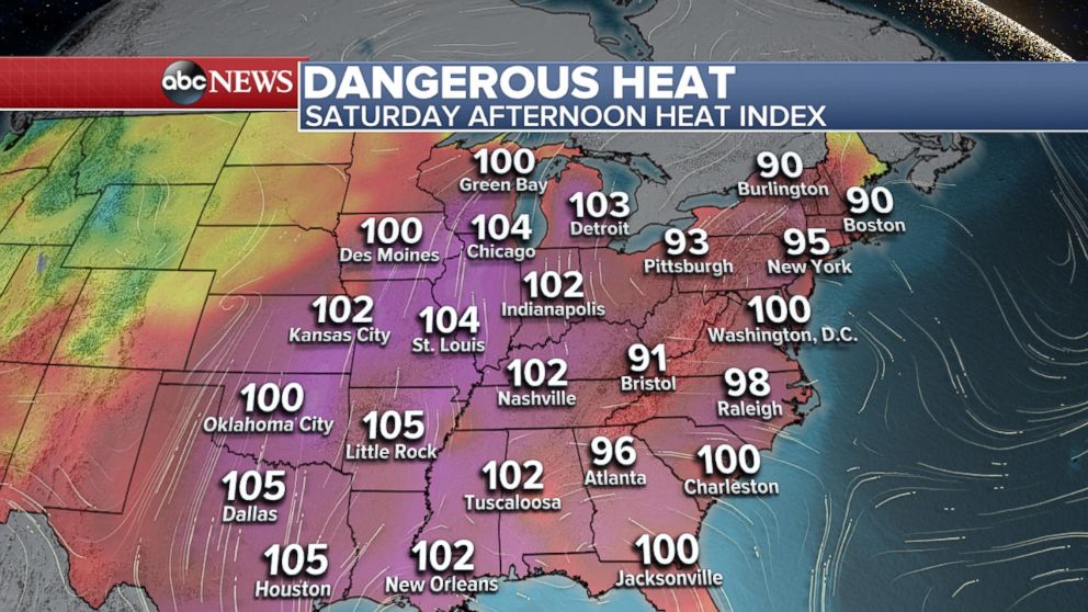 GRAPHIC:  Heat index values reaching the triple digits across much of the central US on June 30, 2018. 