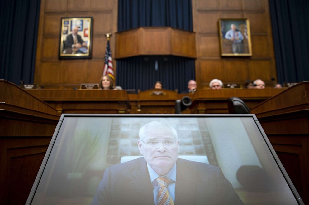 PHOTO: Darren Woods, chairman and chief executive officer of Exxon Mobil Corp., speaks virtually during a House Energy and Commerce Subcommittee in Washington, April 6, 2022.