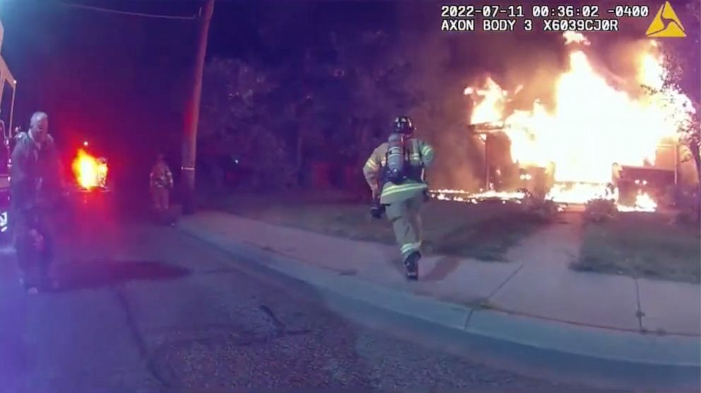 PHOTO: Bodycam video shows firefighters rushing to a house fire in Lafayette, Ind., July 11, 2022.