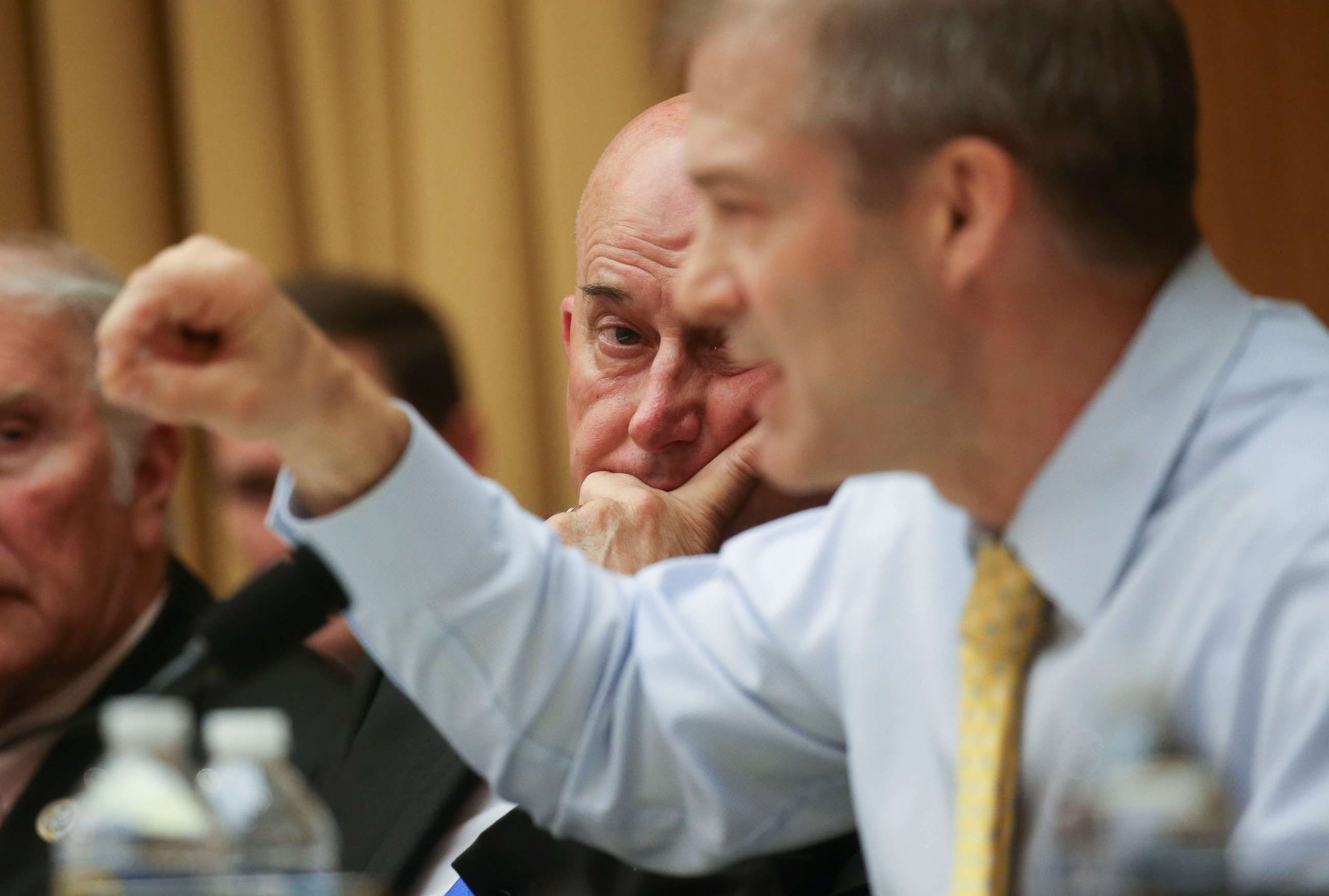 PHOTO: Rep. Louie Gohmert listens to Rep. Jim Jordan speak as the House Judiciary Committee debates whether Attorney General William Barr should be held in contempt on Capitol Hill in Washington, May 8, 2019.