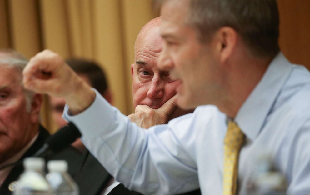 PHOTO: Rep. Louie Gohmert listens to Rep. Jim Jordan speak as the House Judiciary Committee debates whether Attorney General William Barr should be held in contempt on Capitol Hill in Washington, May 8, 2019.
