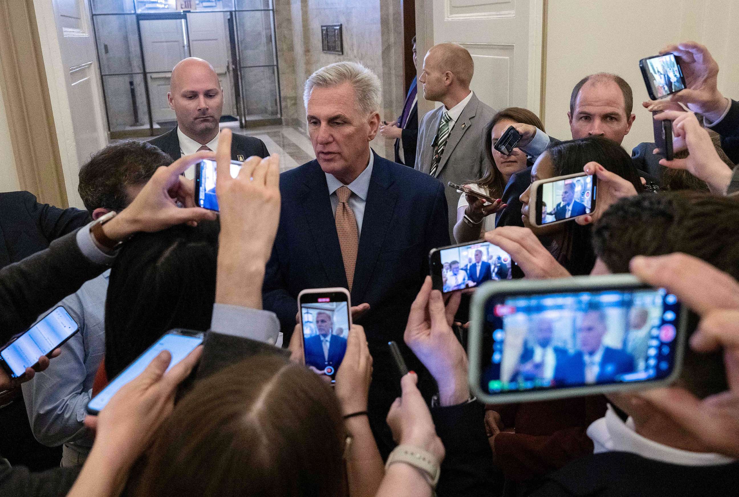 PHOTO: House Speaker Kevin McCarthy speaks to reporters after arriving at the Capitol in Washington, DC, May 23, 2023.