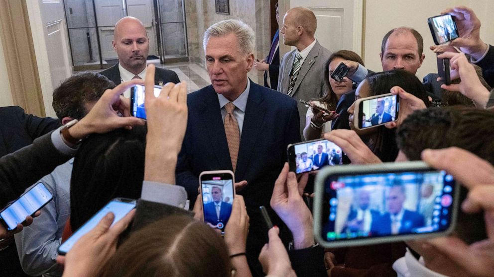 PHOTO: House Speaker Kevin McCarthy speaks to reporters after arriving at the Capitol in Washington, DC, May 23, 2023.