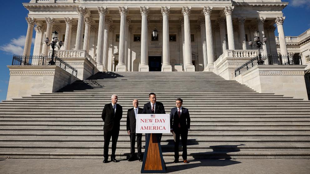 PHOTO: House Majority Whip Rep. Tom Emmer, Majority Leader Rep. Steve Scalise, Speaker Mike Johnson and Chair of the National Republican Congressional Committee Rep. Richard Hudson at the U.S. Capitol Building, Nov. 12, 2024, in Washington.