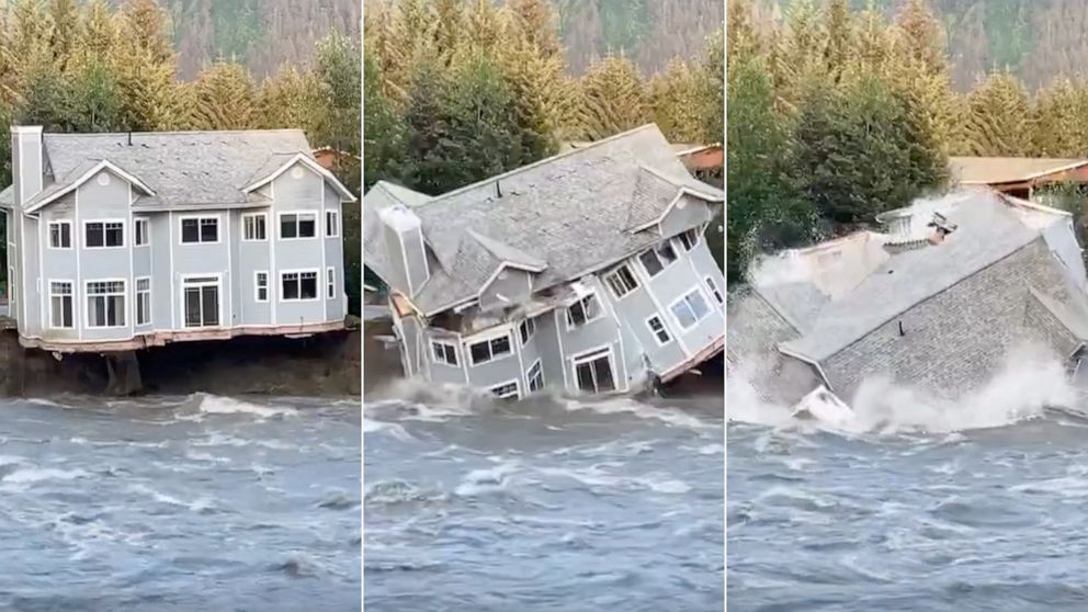 PHOTO: Screen grab of a video showing the collapse of a home into the Mendenhall River in Alaska on Saturday, Aug. 5, 2023.