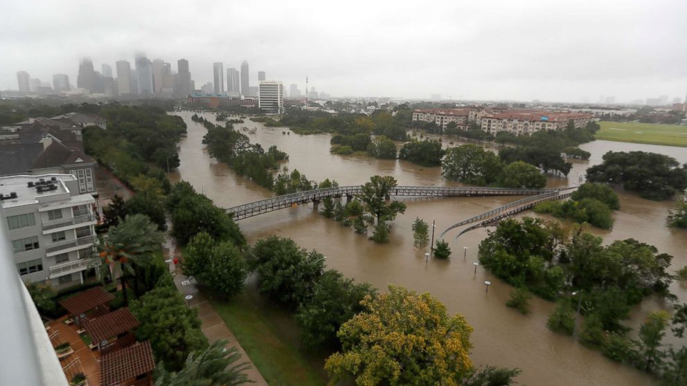 PHOTO: An overhead view of the flooding in Houston, from Buffalo Bayou on Memorial Drive and Allen Parkway, Aug. 28, 2017