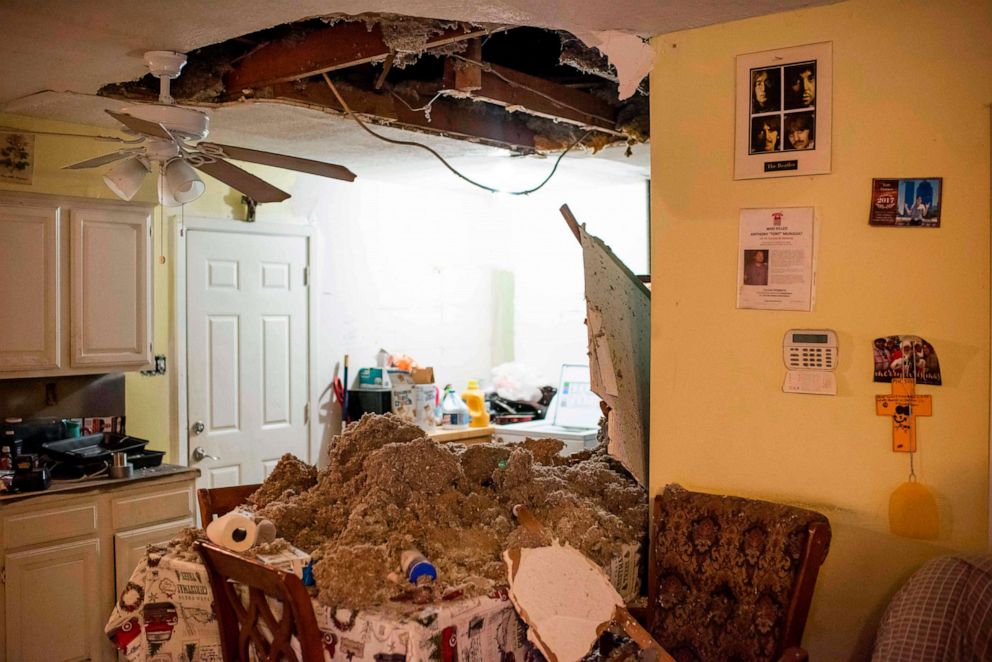 PHOTO: The collapsed ceiling of a home after an explosion at a northwest Houston, Texas, manufacturing business, Jan. 24, 2020.