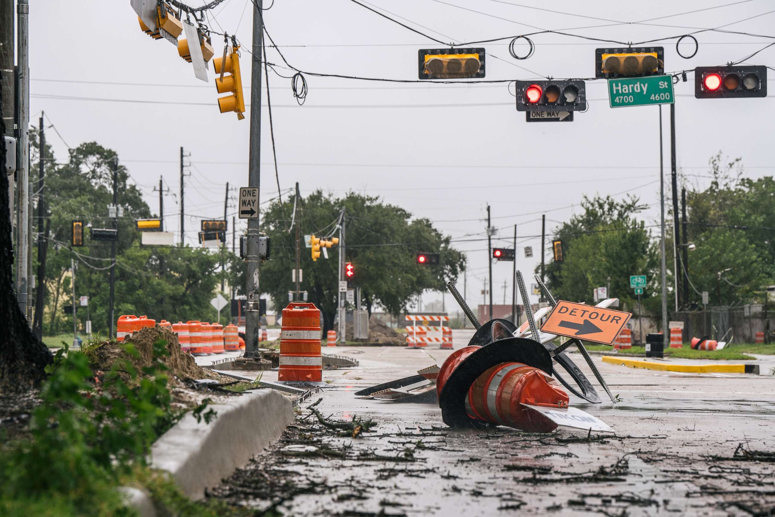 PHOTO: Debris and damaged road construction are left after Tropical Storm Nicholas moved through the area, Sept. 14, 2021 in Houston.